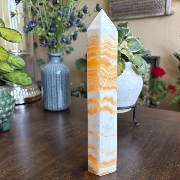 Imperfect - Large Yellow Banded Calcite Tower - 1.77 Pounds and 9.25 Inches Tall - Picture 6 of 13